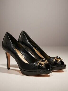ANTONIO MELANI Black Peep-Toe Pumps with Gold Chain Detail Size 7.5